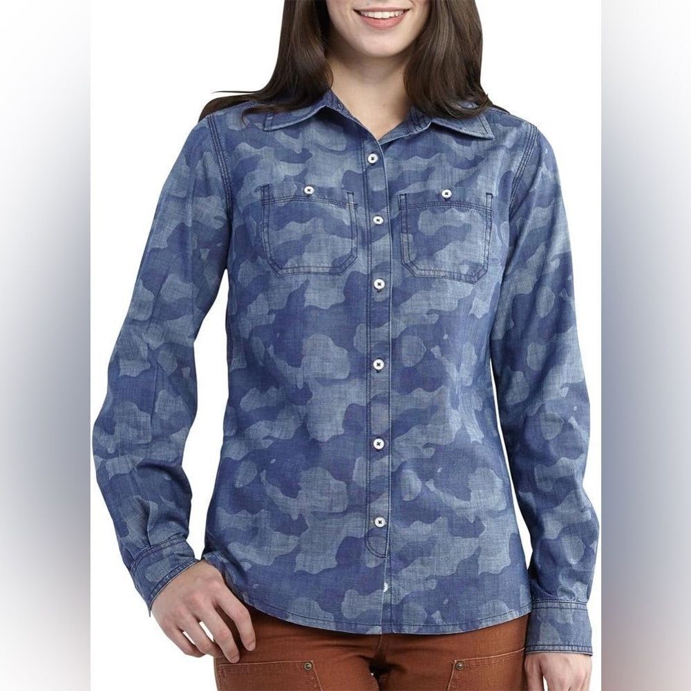 Carhartt Blue Camouflage Print Denim Chambray Long Sleeve Top Size XS